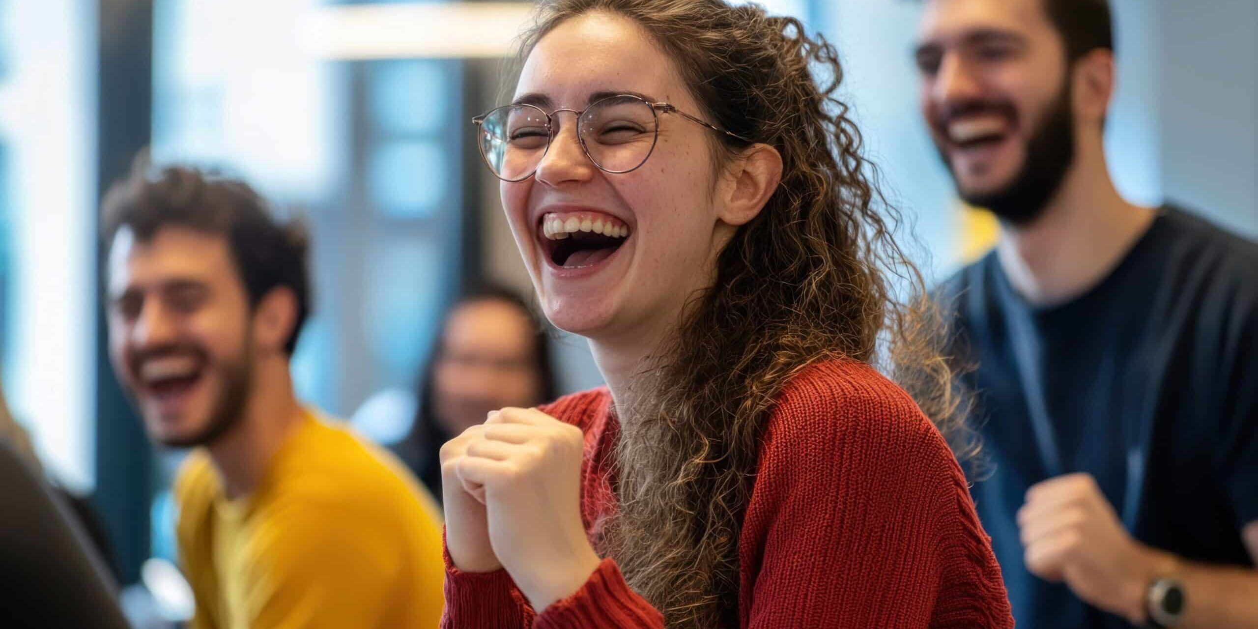 Employees participating in an exciting team-building game, smiling and cheering.