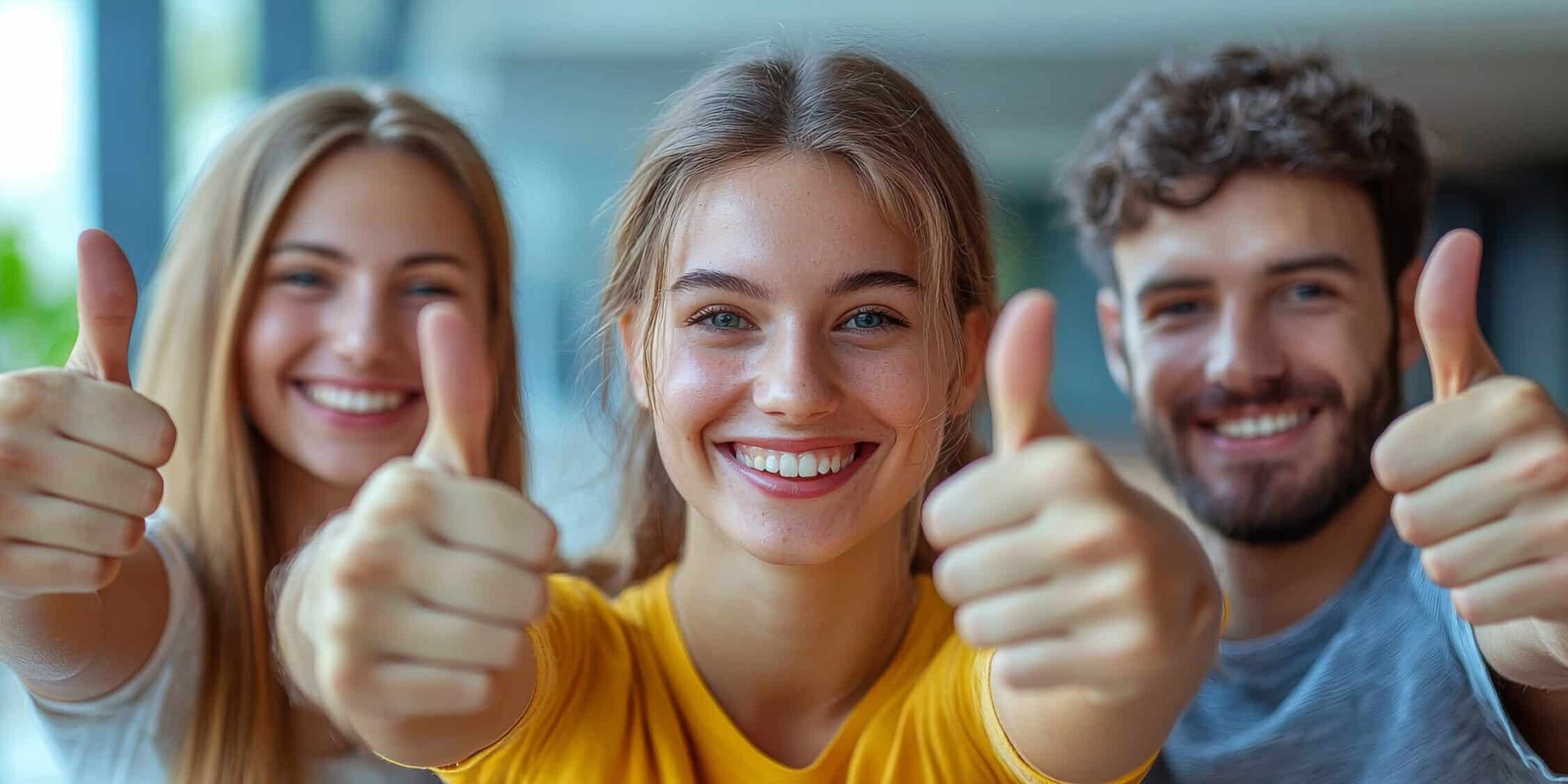 A group of happy and satisfied male and female customers sharing positive feedback. Five cheerful and joyful young people giving thumbs up together. Close-up of their hands. Illustrating